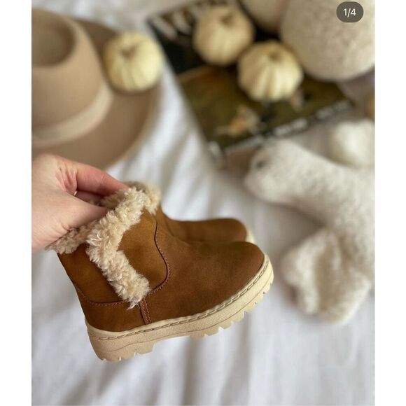 ZARA Brown Leather Boots Fur Lined Winter Fall Toddler SIZE 8 EU 24 Unisex Kids - Picture 2 of 7